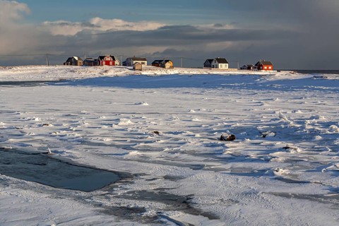 Village, houses, village, ice floes, snowstorm, clouds, coast, Skallelv, Varanger Peninsula,