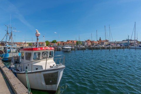 Town view Fåborg, Faaborg, harbour with fishing boats, motorboats and sailing yachts, jetty, Fyn,