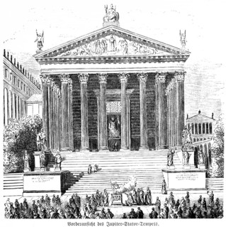 Front view of the Jupiter Stator Temple, Palatine, Rome, crowd, steps, columns, statues, Etruscans,