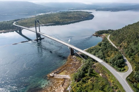 Aerial view of suspension bridge over fjord Efjord, road E6, northern Norway