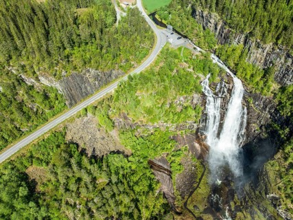 Aerial view of waterfall Skjervsfossen, near Granvin, Hardanger, Norway, Europe