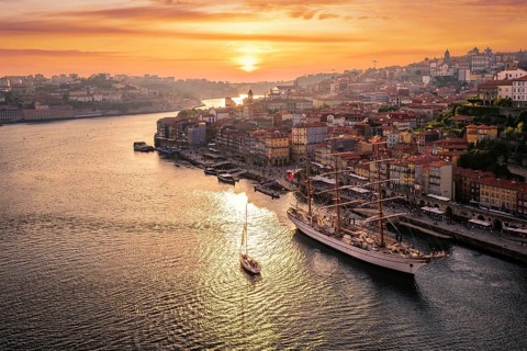 View of Porto city and Douro river from famous tourist viewpoint Miradouro do Jardim do Morro on