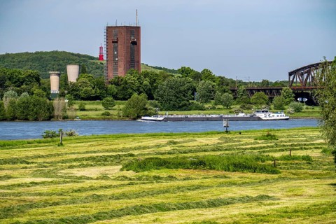 View across the Rhine meadows near Duisburg-Beeckerwerth to the Rheinpreußen spoil tip in Mörs,