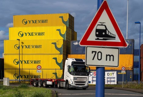 Container of the Chinese goods train operator YXE from Yiwu, China, part of the Silk Road route