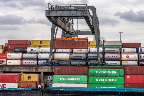 Port of Duisburg Ruhrort, Container freighter being loaded and unloaded at DeCeTe, Duisburg
