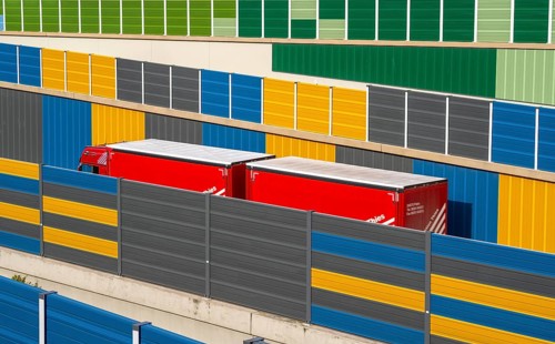 Colourful noise barriers on the A52 motorway, at the Essen-Rüttenscheid junction, the noise