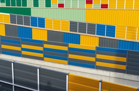 Colourful noise barriers on the A52 motorway, at the Essen-Rüttenscheid junction, the noise
