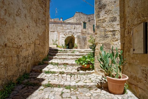 Paths and corridors in the tuff of the Sassi Barisano in the cave town of Matera. The cave