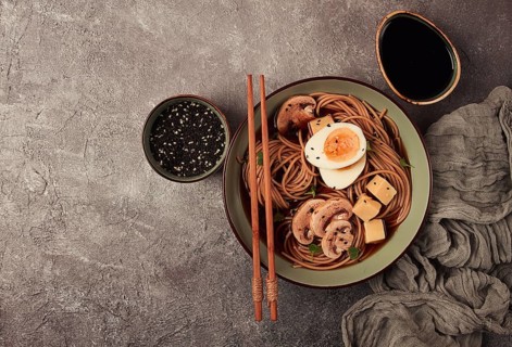Asian soba soup, with mushrooms and egg, cheese, sesame seeds, homemade, no people