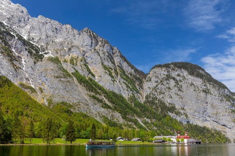 Passenger boat on the Königssee, St. Bartholomä, mixed forest, rock, mountain, Berchtesgadner Land,