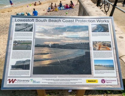 Information board South Beach Coast Protection Works, Lowestoft, Suffolk, England, UK