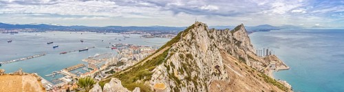 Panorama of rocks with city and sea in the background, Gibraltar, Europe