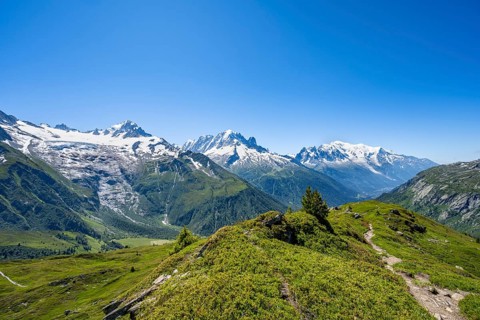 Mountain panorama with glaciated mountain peaks, Aiguille Verte with Aiguille du Midi and Mont