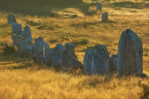 Neolithic menhirs, standing stone row in Carnac with sunrise, Carnac, Quiberon, Morbihan, Brittany,