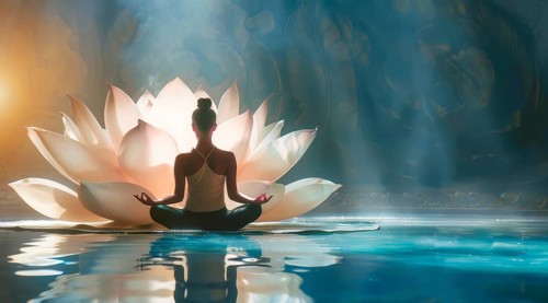 Spiritual yoga meditation in front of lotus flower by attractive young woman, AI generated
