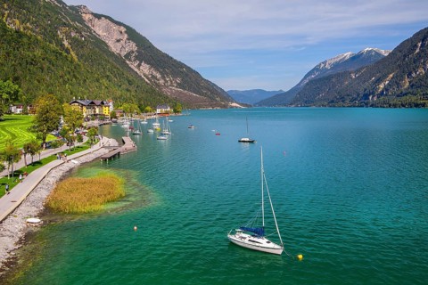 Promenade on the lakeshore with village, Pertisau, Achensee, Tyrol, Austria, Europe