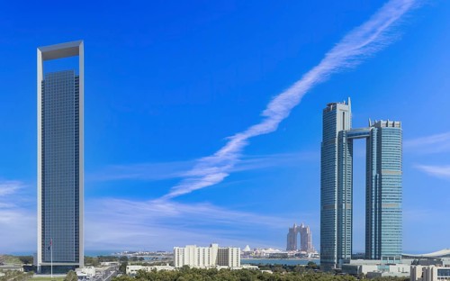 UAE, United Arab Emirates, Abu Dhabi downtown panorama and financial center skyline, Asia