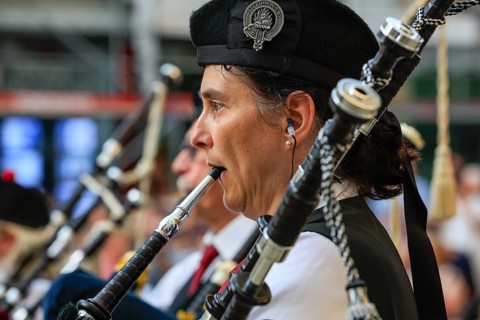 Portrait of a bagpiper, bagpipe orchestra, pipe concert, Sigmaringen, Baden-Württemberg, Germany,