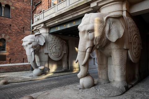 Monumental stone elephants with Indian swastika, elephant gate or elephant portal or elephant