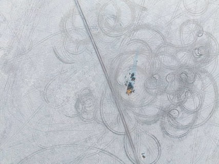 Tyre tracks in the salt pan, top-down, aerial view, Kubu Island, Botswana, Africa