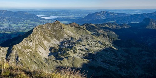 Panorama from the Nebelhorn, 2224m, to the Entschenkopf, 2043m and the Grünten, 1783m, Allgäu Alps,