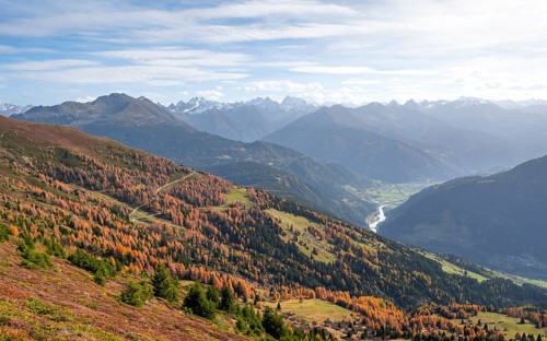 View of the mountain panorama and the Upper Inn Valley in the morning light, Krahberg on the Venet