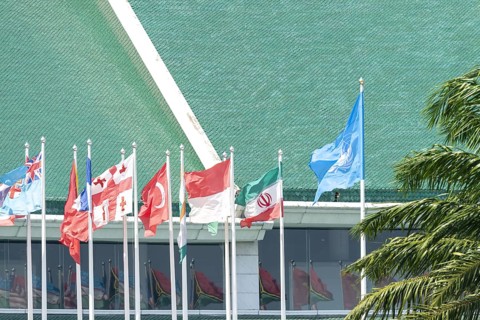 Many flags in front of the United Nations Conference Centre, Bangkok, Thailand, Asia