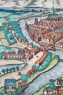 Detail: View of the city of Kiel, Schleswig Holstein, Germany, hand-coloured copperplate engraving,