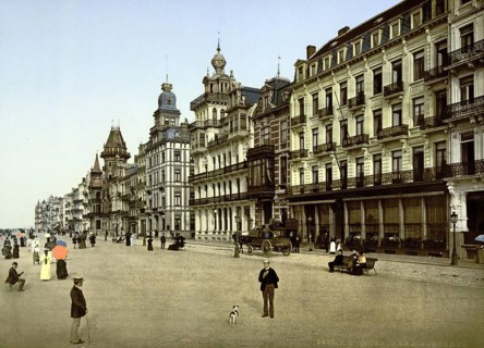 The dyke, beach promenade in Ostend, Belgium, ca 1895, Historical, digitally restored reproduction