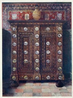 Furniture around the turn of the century 1900, Walnut cabinet with inlays and painted medallions of
