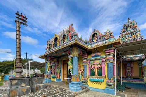 Entrance to prayer hall of Hindu temple Shri Sri Draupadi Amman Kovil Temple, Cap Malheureux,