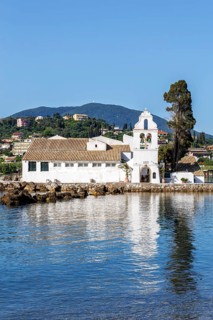 Vlacherna Monastery in the Mediterranean Sea on the island of Corfu, Greece, Europe