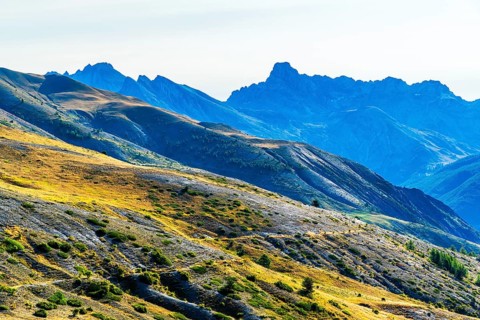 Route des Grandes Alpes, view of mountains at pass Col de Vars, Départements Hautes-Alpes and
