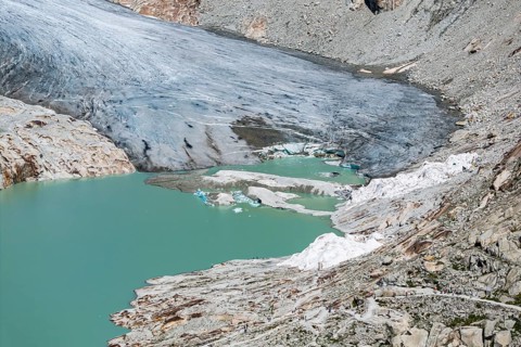 Rhone glacier, valley glacier in the headwaters of the Rhone in the Swiss Alps. Melting glacier,