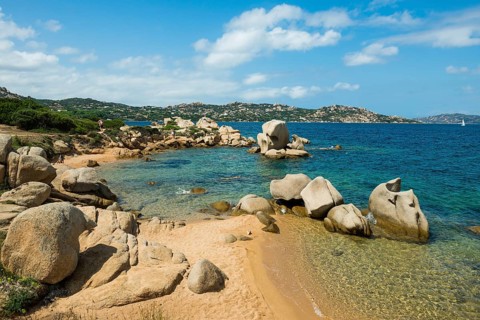 Beach and bizarre granite rocks, Spiaggia del Faraglione, Palau, Costa Smeralda, Sardinia, Italy,