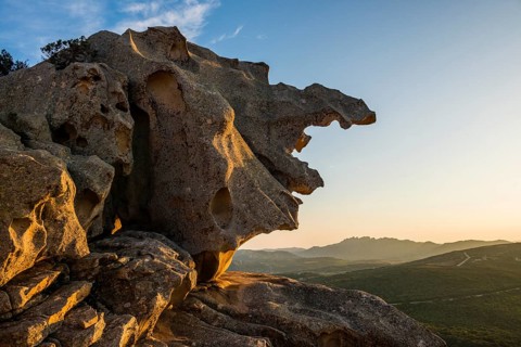 Bizarre granite rocks, Roccia dell Orso, sunset, Capo d'Orso, Palau, Costa Smeralda, Sardinia,