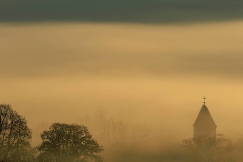 Foggy mood, fog, morning light, backlight, church tower, autumn, Loisach-Lake Kochel moor, view of