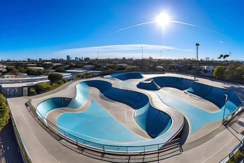 Aerial perspective top down of an empty skateboard park, AI generated