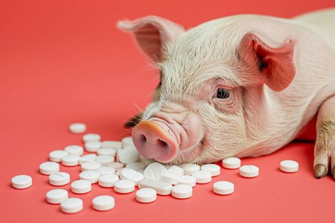 Pig next to medical pills on studio background with copy space. Concept for antibiotics use in