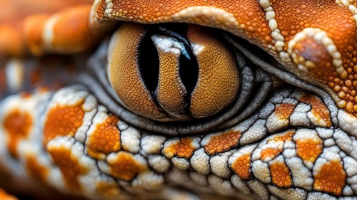Close up on the wrinkled skin of a gecko with intricate patterns and vibrant hues, AI generated