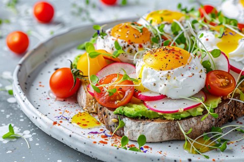 Avocado toast topped with poached eggs, cherry tomatoes, radish slices and microgreens. Generative