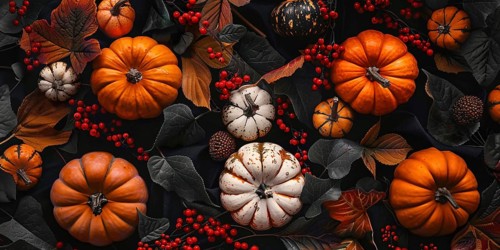 Banner with orange and white pumpkins between dark autumn leaves and red berries. Generative Ai, AI