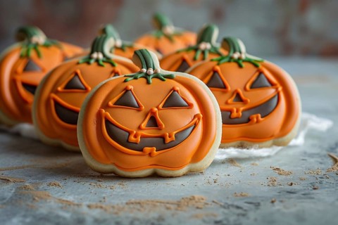 Halloween cookies in shape of carved pumpkins with icing. Generative AI, AI generated