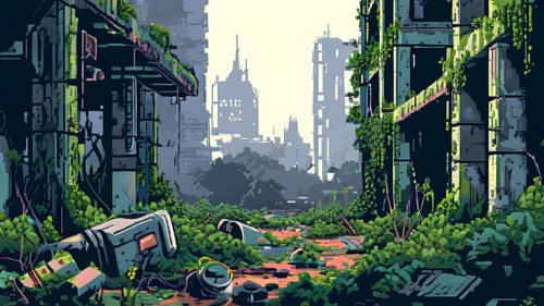 Pixel art landscape showcasing post apocalyptic world with ruined city buildings, AI generated