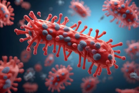 Three dimensional render of a tuberculosis bacteria in an organism, AI generated