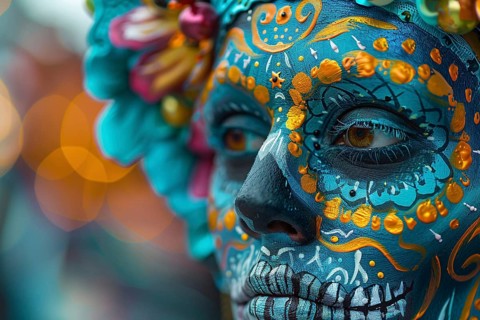 Close up of woman with blue Halloween Dia de los Muertos costume face paint. Generative AI, AI
