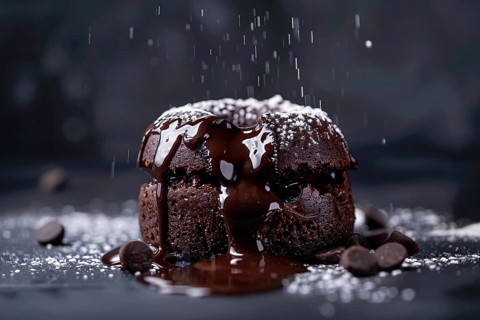 Small Chocolate lava cake on dark background. Generative AI, AI generated