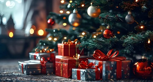 Beautiful wrapped Christmas gifts with shiny ribbons and bows stacked under a evergreen tree in a