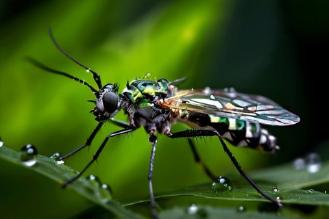 Close up of a tiger mosquito set against a blurred green foliage background, AI generated