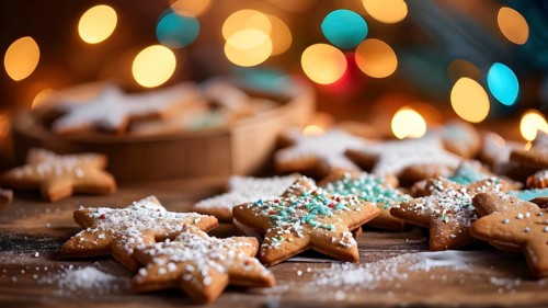 A detailed shot of Christmas cookies on a wooden table, featuring star-shaped cookies with colorful